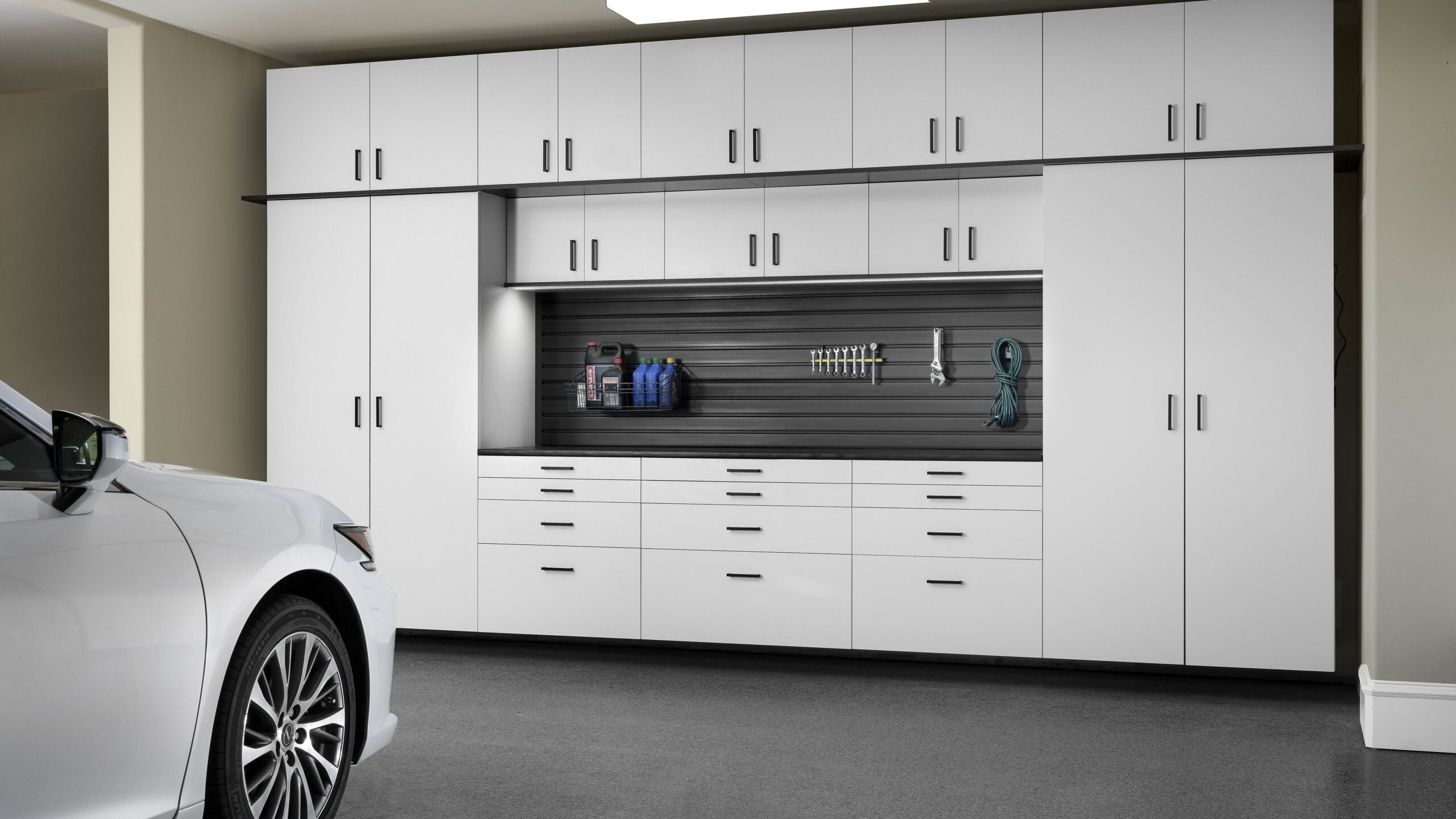 White Cabinets with Ebony Star Workbench Car